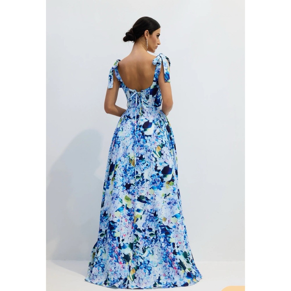 Floral Blue Maxi Dress with Tie Straps - Picture 2 of 15